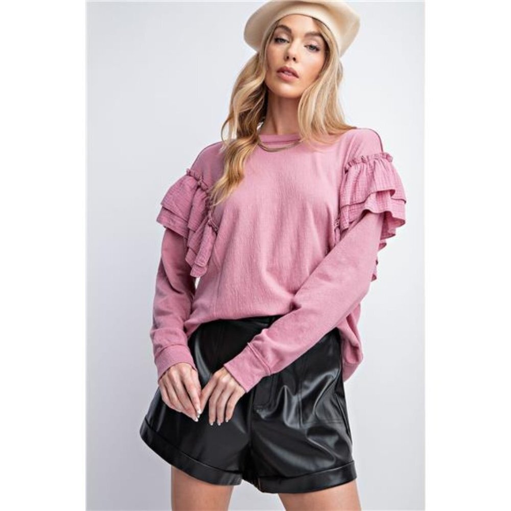 Light Marsala Hue- Double Ruffle Long Sleeve Top With Round Neckline For Women